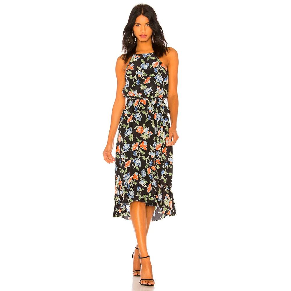 Joie Midi Dress Deme Floral Halter Sleeveless 100% Silk Caviar Black Size Large